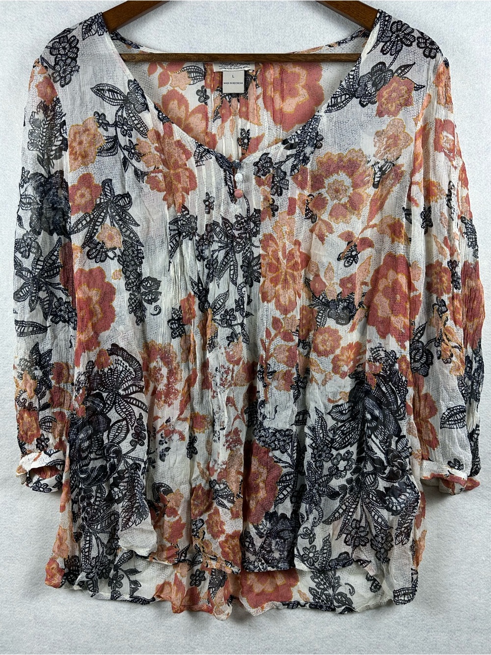 Lucky Brand Floral Boho Peasant Top Size Large Flowy